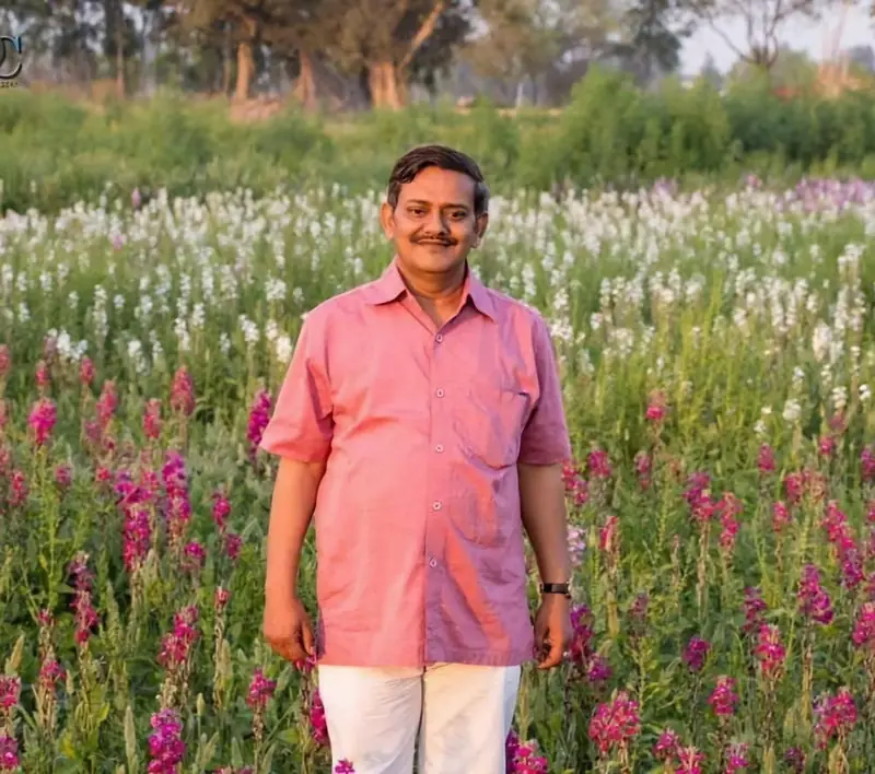 Sanjeev Mangla standing in a field of flowers